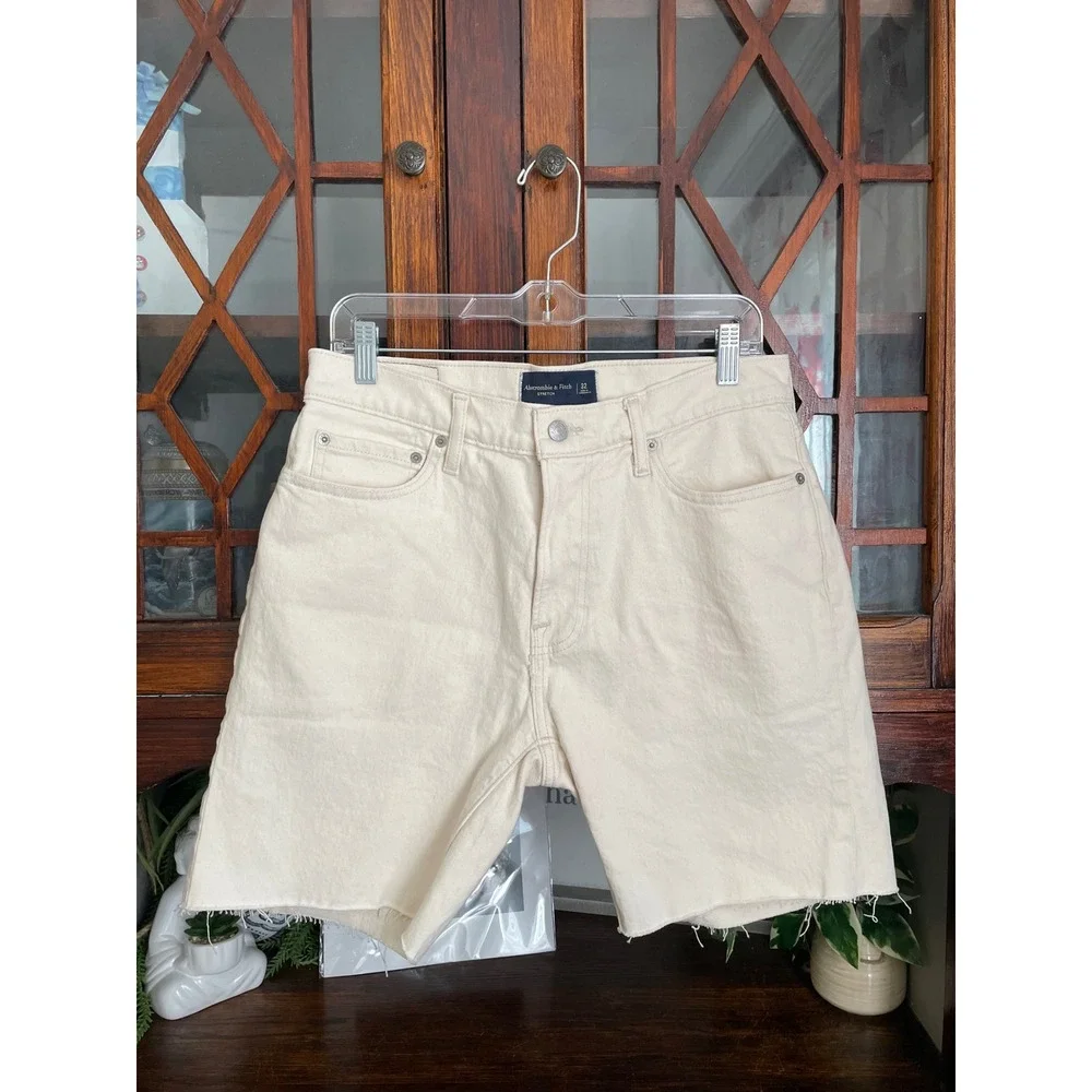 Abercrombie & Fitch Mens Stretch Denim Shorts Size 32 Frayed Hem Off White - Picture 1 of 4